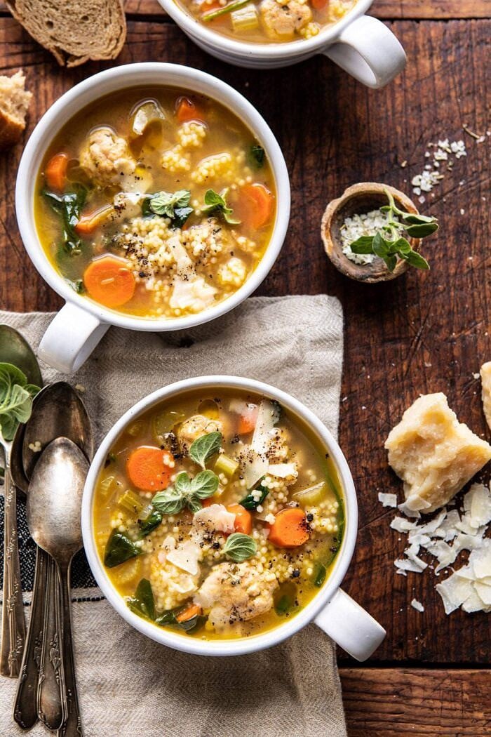 overhead photo of Healthier Italian Wedding Soup with Lemon and Garlic 