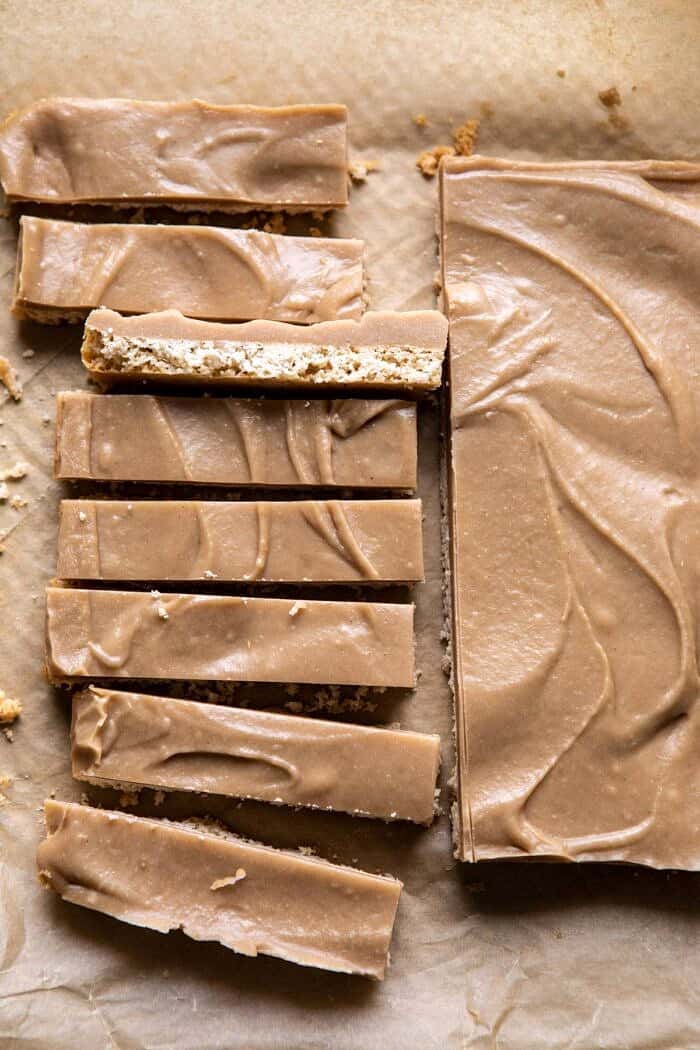 overhead photo of Homemade Vegan Twix Bars before covering in chocolate