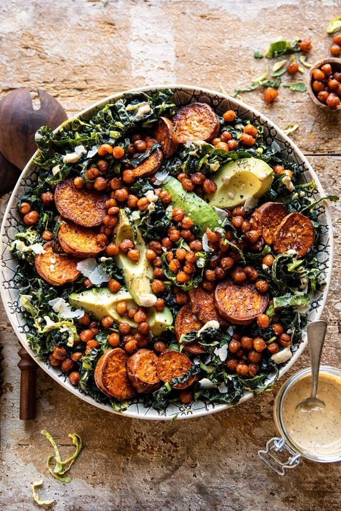 overhead photo of Kale Caesar Salad with Sweet Potatoes and Crispy Chickpeas