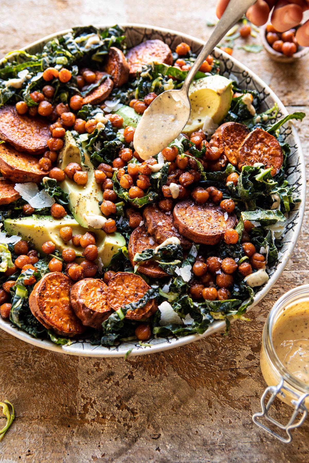 Kale Caesar Salad with Sweet Potatoes and Crispy Chickpeas | halfbakedharvest.com #caesarsalad #kale