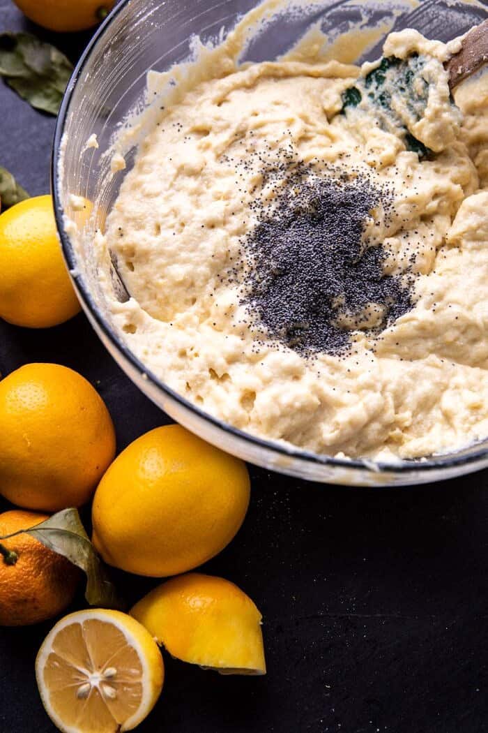 cake batter in mixing bowl before baking 