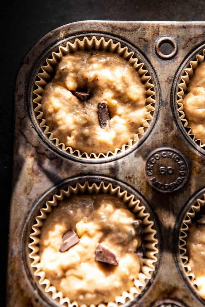 overhead photo of One Bowl Chocolate Chunk Chai Banana Muffin batter before baking
