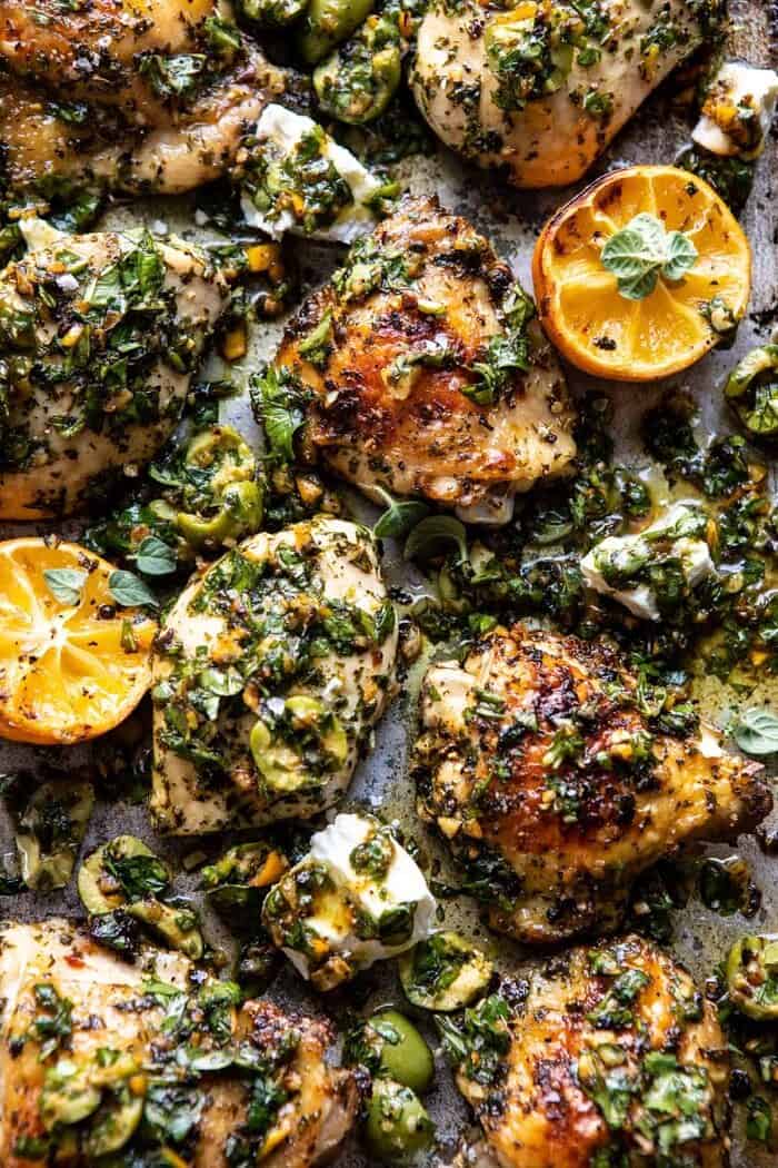 Roasted Garlic Butter Chicken with Lemon Olive Dressing | halfbakedharvest.com #chicken #sheetpan #easyrecipes
