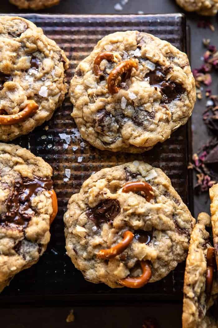 overhead close up photo of Salted Pretzel Cowboy Party Cookies 
