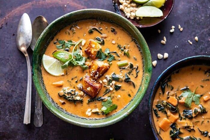 horizontal photo of Spicy Peanut Soup with Sesame Halloumi