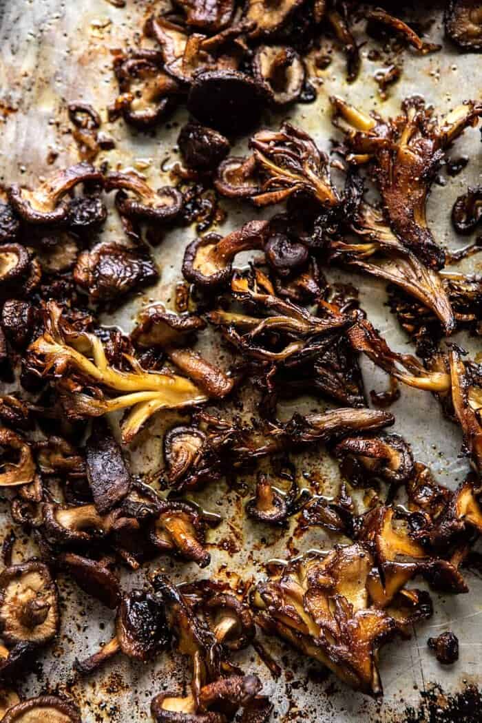 30 Minute Creamy Sesame Miso Ramen with Crispy Mushrooms | halfbakedharvest.com overhead photo of Crispy Mushrooms on baking sheet