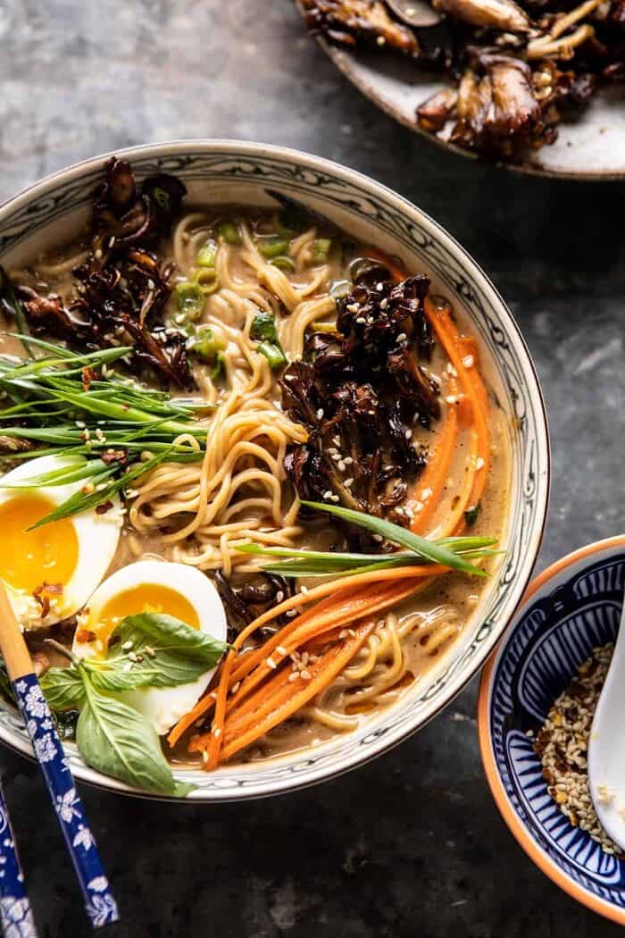 30 Minute Creamy Sesame Miso Ramen with Crispy Mushrooms | halfbakedharvest.com overhead close up photo 30 Minute Creamy Sesame Miso Ramen with Crispy Mushrooms