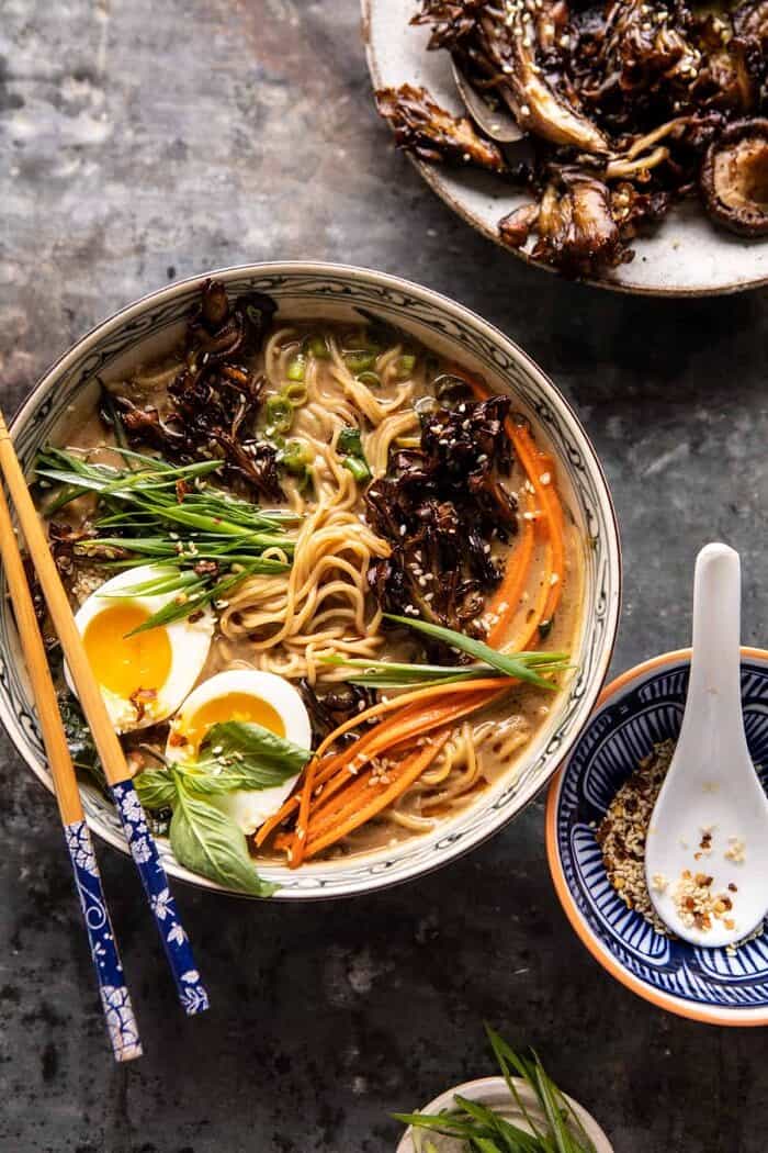 30 Minute Creamy Sesame Miso Ramen with Crispy Mushrooms | halfbakedharvest.com overhead photo of 30 Minute Creamy Sesame Miso Ramen with Crispy Mushrooms