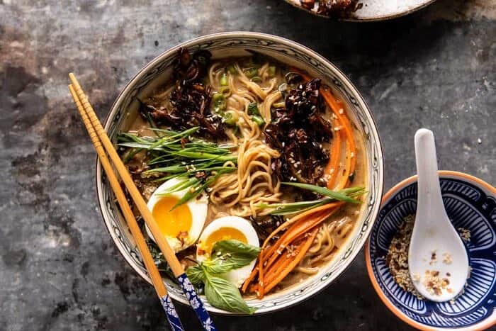 30 Minute Creamy Sesame Miso Ramen with Crispy Mushrooms | halfbakedharvest.com overhead photo of 30 Minute Creamy Sesame Miso Ramen with Crispy Mushrooms
