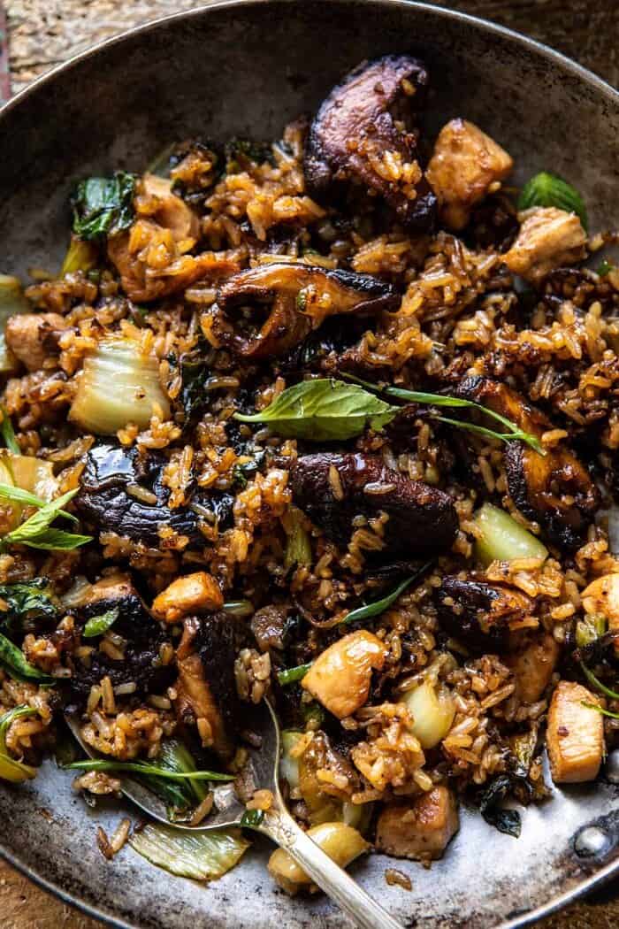 overhead close up photo of Better Than Takeout Sesame Ginger Chicken Fried Rice 