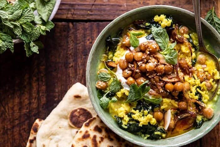 horizontal photo of Creamy Golden Rice with Spiced Chickpeas