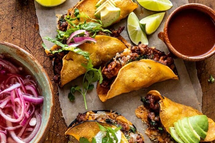 horizontal overhead photo of Crispy Chipotle Chicken Tacos 