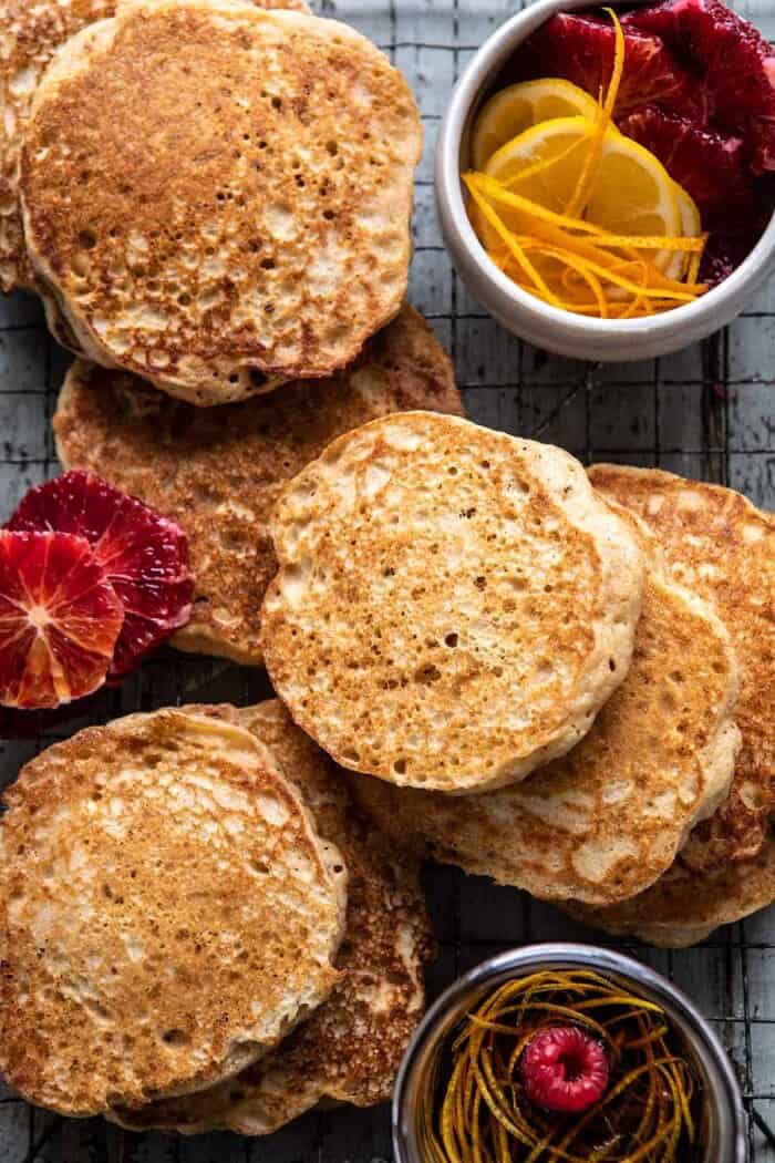 Earl Grey Lemon Ricotta Pancakes with Salted Maple Butter | halfbakedharvest.com overhead photo of Earl Grey Lemon Ricotta Pancakes after cooking