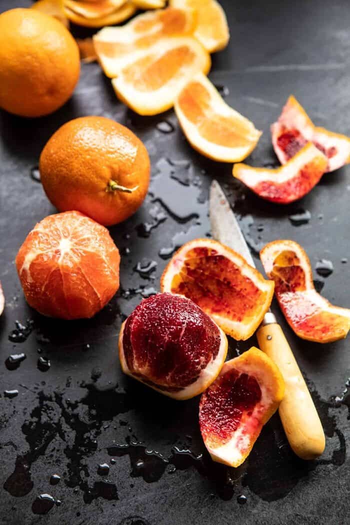 Earl Grey Lemon Ricotta Pancakes with Salted Maple Butter | halfbakedharvest.com prep shot of raw blood oranges