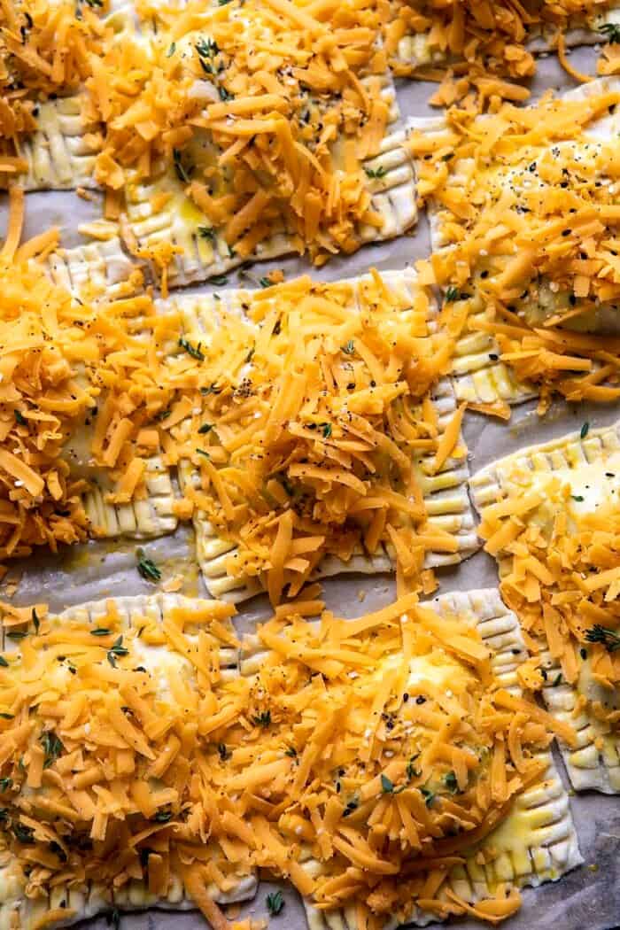 overhead prep photo of Flaky Broccoli Cheddar Soup Mini Pies before baking 