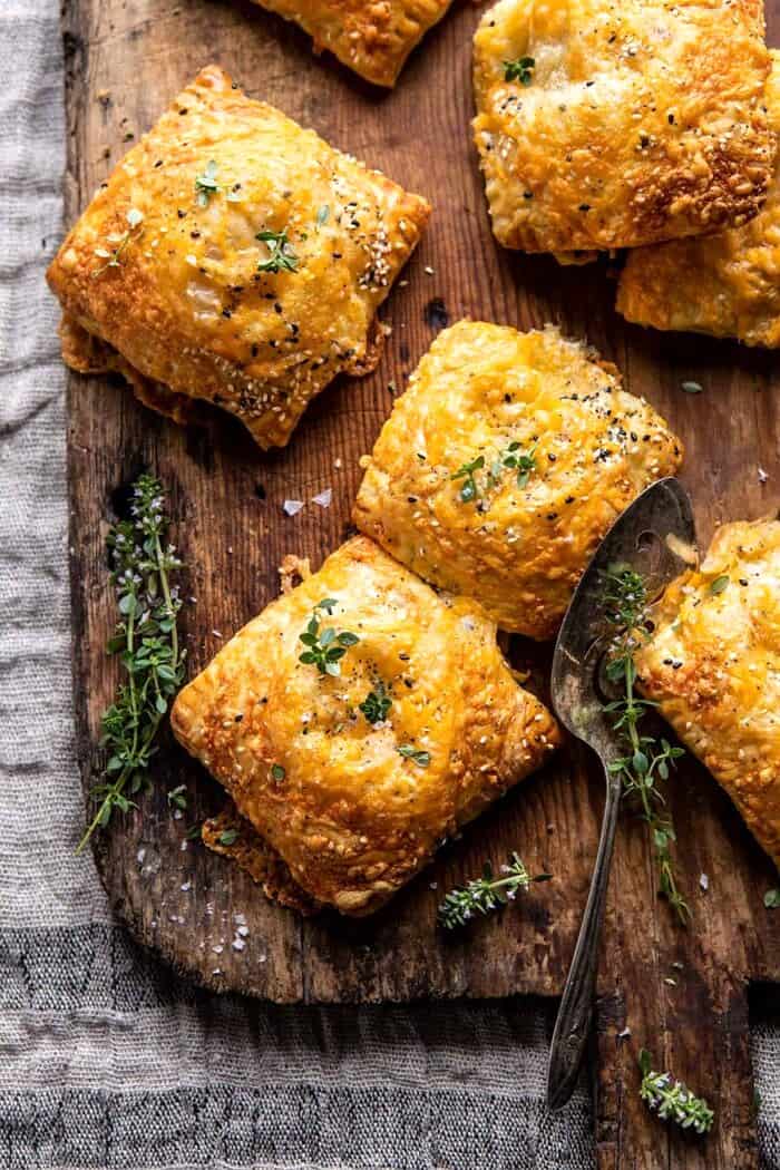 overhead photo of Flaky Broccoli Cheddar Soup Mini Pies