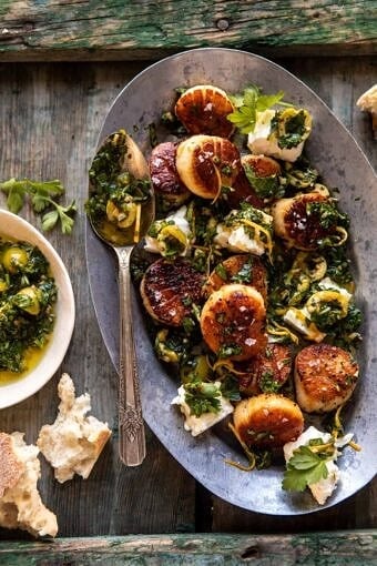 Herbed Garlic Butter Scallops with Lemony Feta Dressing | halfbakedharvest.com
