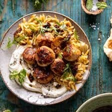 One Skillet Greek Meatballs and Lemon Butter Orzo | halfbakedharvest.com