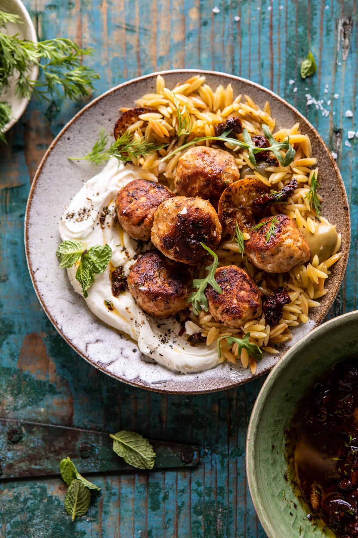 One Skillet Greek Meatballs and Lemon Butter Orzo | halfbakedharvest.com