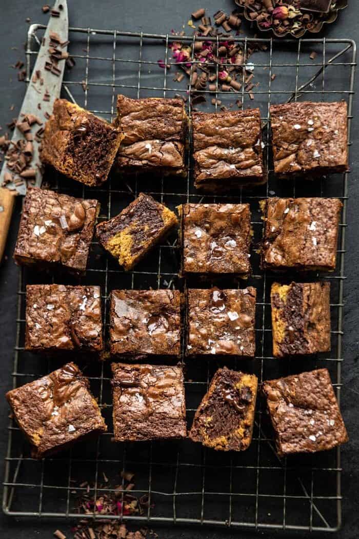 overhead photo of Salted Cookie Crinkle Top Brownies