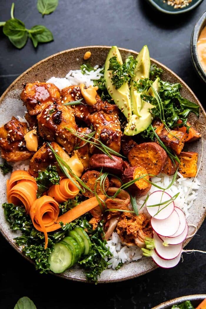 Sheet Pan Korean Chicken Bowl with Sweet Potatoes and Yum Yum Sauce | halfbakedharvest.com #sheetpan #korean