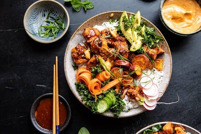 horizontal photo of Sheet Pan Korean Chicken Bowl with Sweet Potatoes and Yum Yum Sauce 