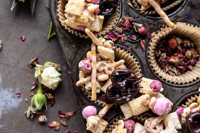 overhead horizontal photo of Valentine’s Day Double Chocolate Chex Mix 