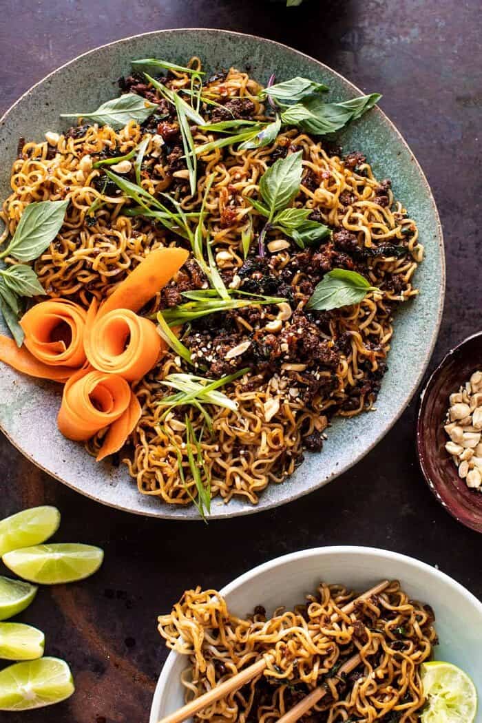 overhead photo of 30 Minute Caramelized Shallot Beef Ramen Noodles