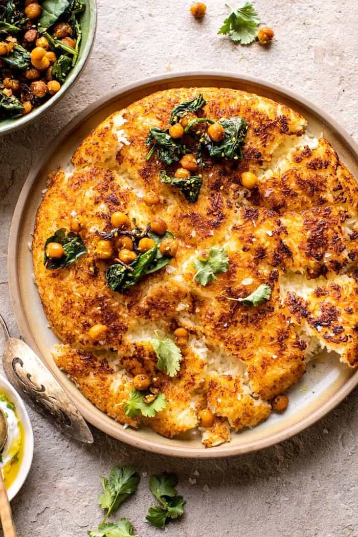 overhead photo of Crispy Persian Rice (Tahdig) with Spiced Golden Chickpeas