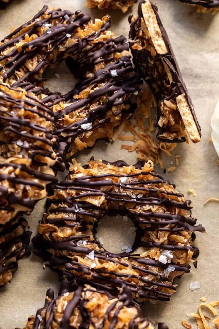 Healthyish Homemade Samoas Cookies | halfbakedharvest.com overhead close up photo of Healthyish Homemade Samoas Cookies