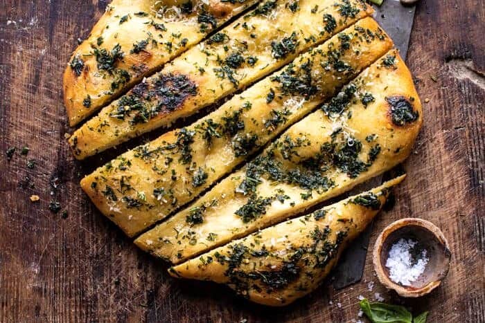 No Knead Rosemary Garlic Parmesan Bread | halfbakedharvest.com overhead horizontal photo of No Knead Rosemary Garlic Parmesan Bread