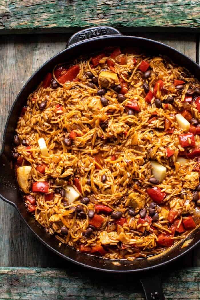 prep photo of One Skillet Cheesy Cuban Chicken Rice before adding cheese and before baking