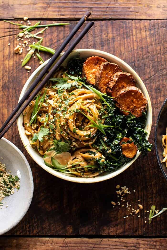 Saucy Tahini Noodles with Honey'd Sweet Potatoes | halfbakedharvest.com