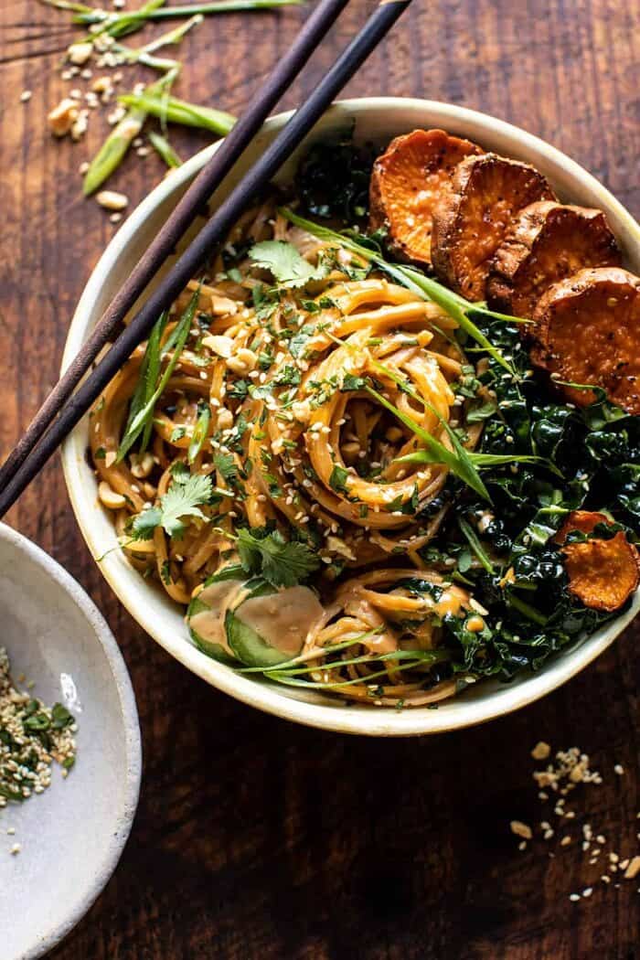 Saucy Tahini Noodles with Honey'd Sweet Potatoes | halfbakedharvest.com