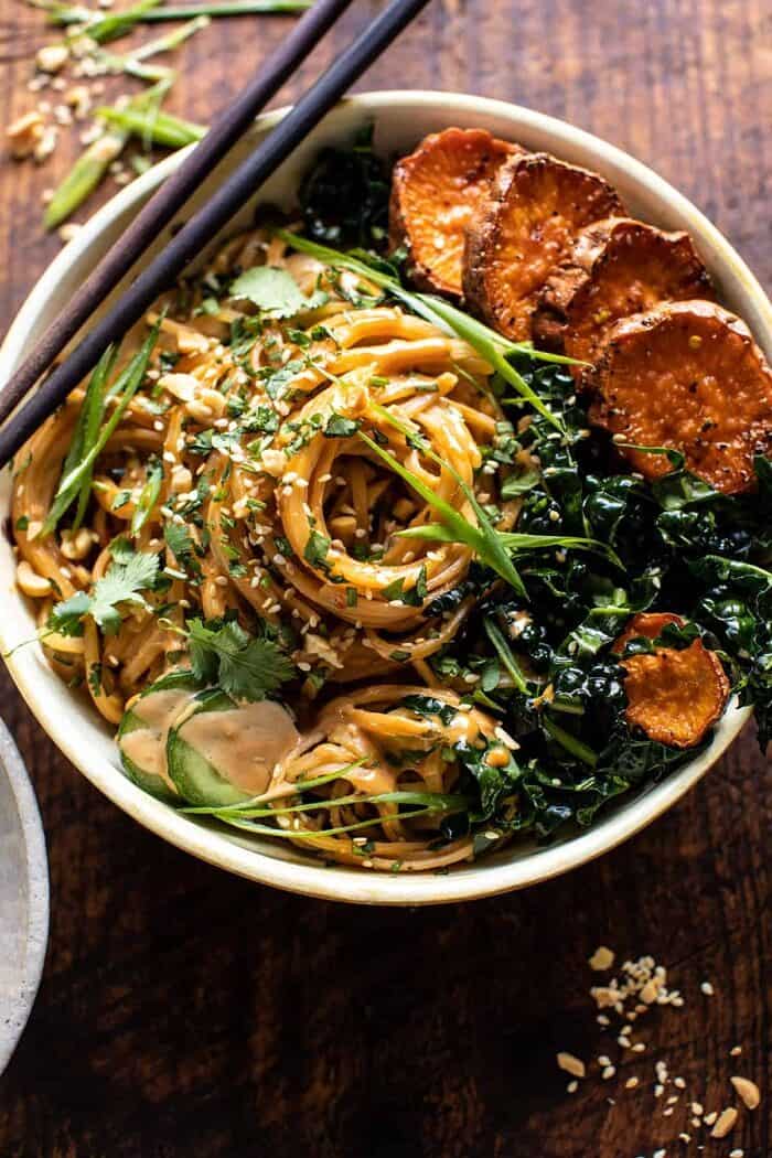Saucy Tahini Noodles with Honey'd Sweet Potatoes | halfbakedharvest.com
