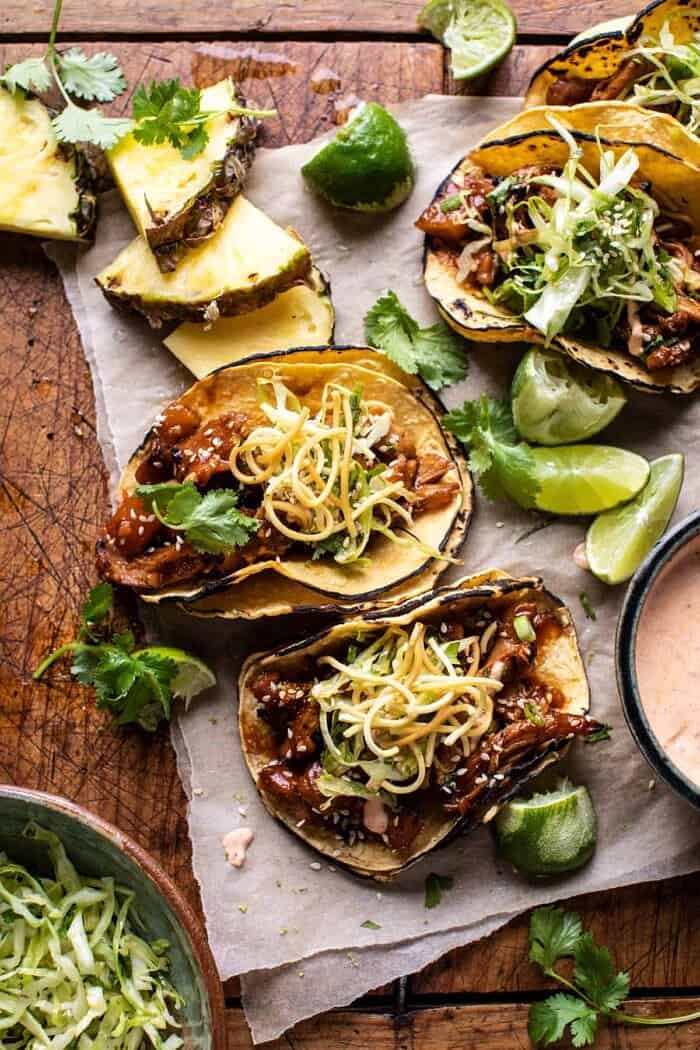 overhead photo of Slow Cooker Braised Hawaiian Pineapple Chicken Tacos 