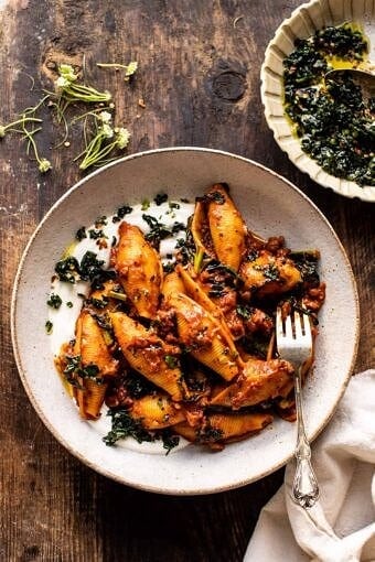 Unstuffed Spicy Tomato Basil Shells with Whipped Ricotta | halfbakedharvest.com