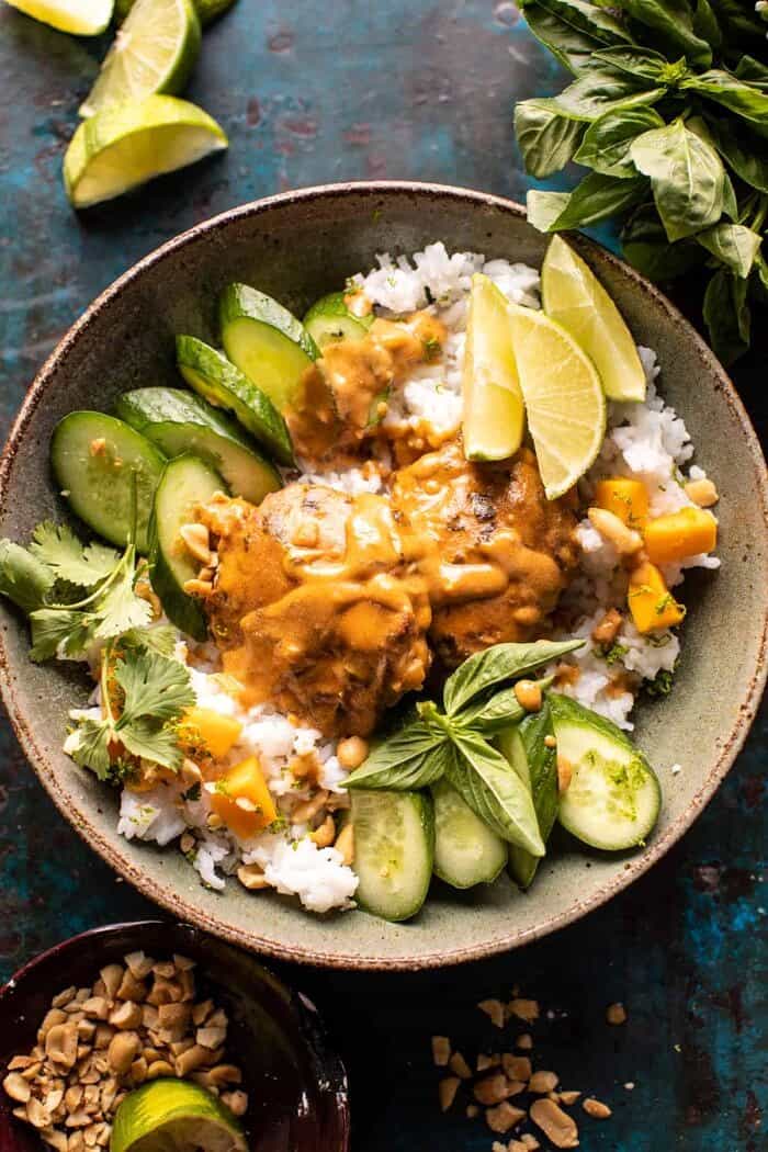 overhead close up photo of Weeknight Thai Peanut Chicken with Spicy Lime Mango