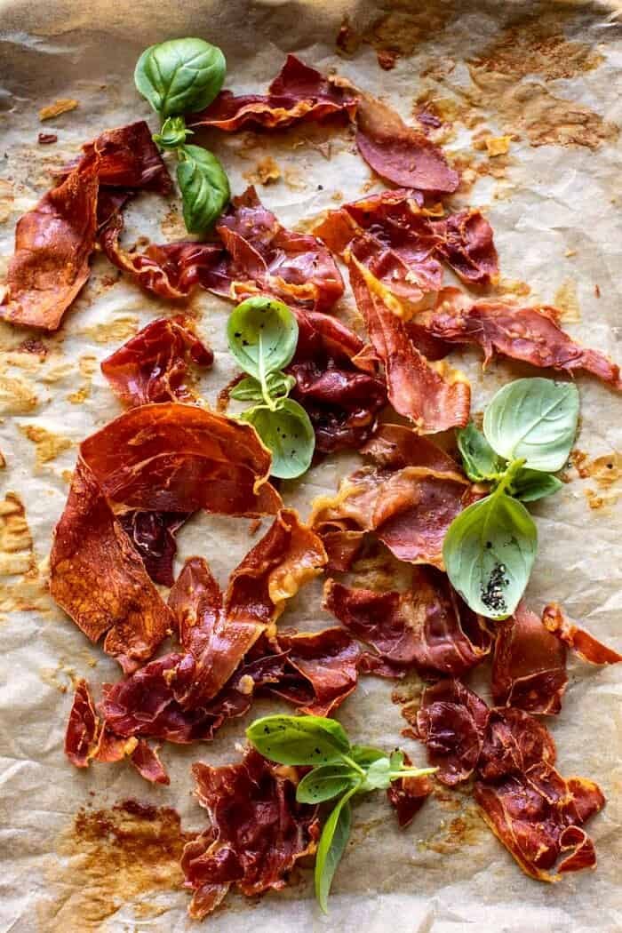 overhead prep of Crispy Prosciutto on baking sheet
