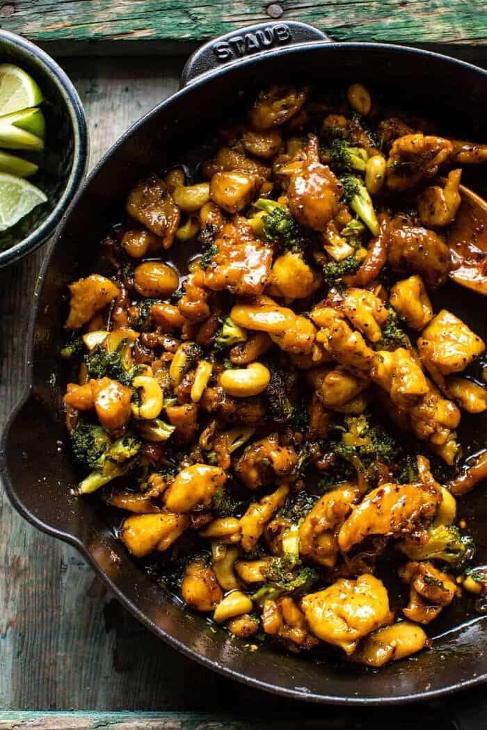overhead photo of 25 Minute Thai Black Pepper Chicken in skillet 