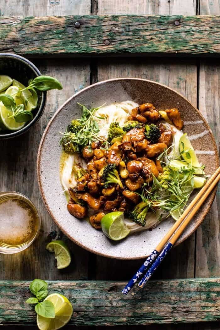 overhead photo of 25 Minute Thai Black Pepper Chicken and Garlic Noodles