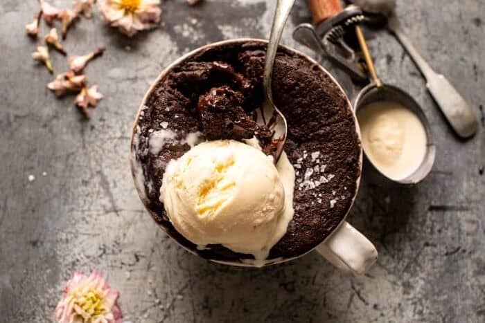overhead horizontal photo of 5 Minute Molten Chocolate Mug Cake 