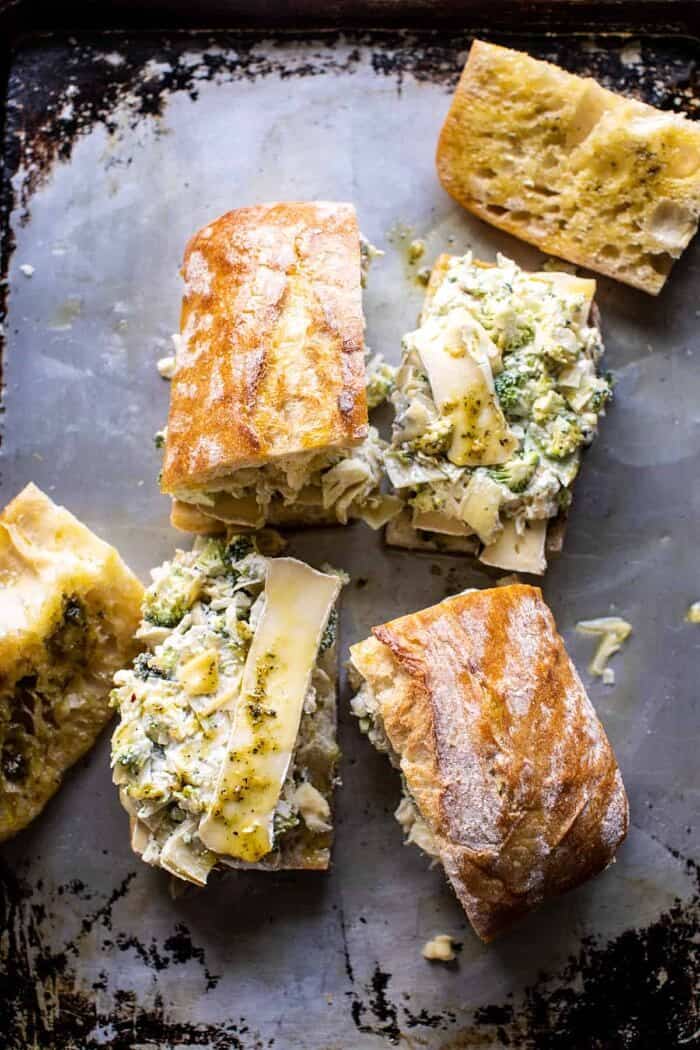 Artichoke and Broccoli Pesto Brie Panini with Thyme Honey | halfbakedharvest.com overhead pre photo of Artichoke and Broccoli Pesto Brie Panini