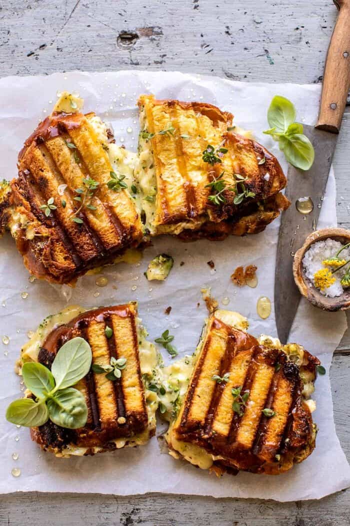 Artichoke and Broccoli Pesto Brie Panini with Thyme Honey | halfbakedharvest.com overhead photo of Artichoke and Broccoli Pesto Brie Panini with Thyme Honey