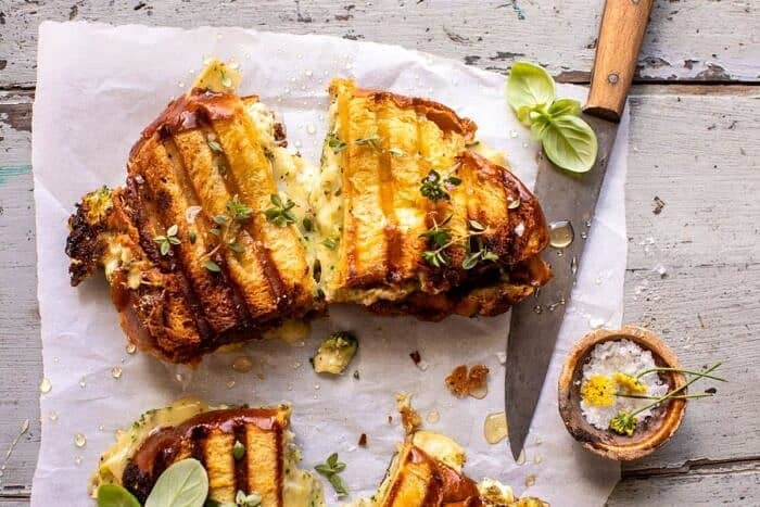 Artichoke and Broccoli Pesto Brie Panini with Thyme Honey | halfbakedharvest.com overhead photo of Artichoke and Broccoli Pesto Brie Panini with Thyme Honey