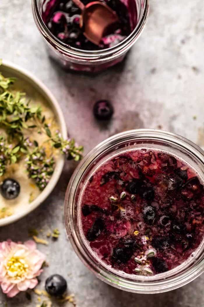 overhead prep photo of Blueberry Lemon Thyme Smash in glass jar