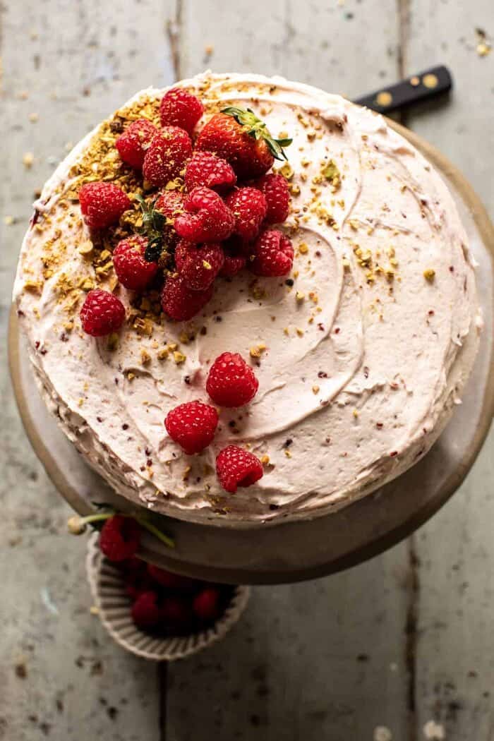 overhead photo of Coconut Carrot Cake with Jam Swirled Buttercream before cutting