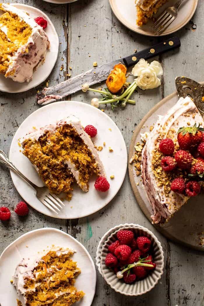 overhead photo of Coconut Carrot Cake slices on plates with forks