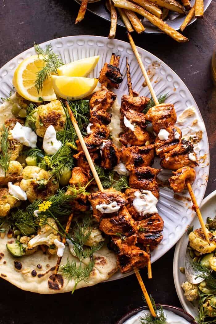 Lebanese Chicken with Charred Lemon Cauliflower | halfbakedharvest.com overhead photo of Lebanese Chicken with Charred Lemon Cauliflower