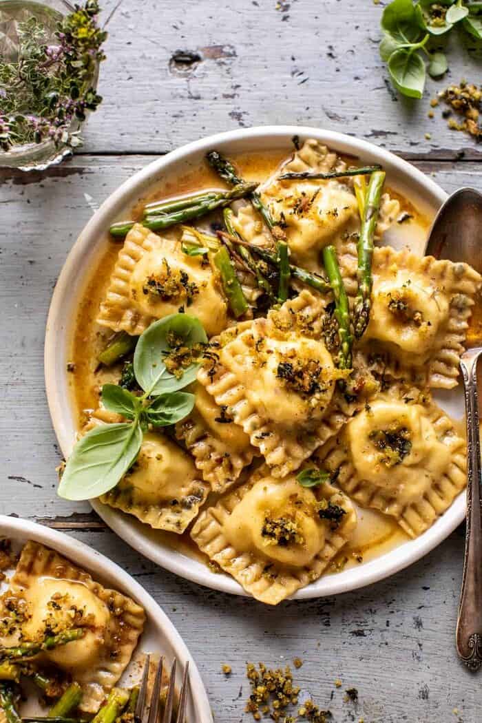 Lemon Butter Cheese Ravioli with Garlic Basil Breadcrumbs | halfbakedharvest.com overhead photo of Lemon Butter Cheese Ravioli with Garlic Basil Breadcrumbs